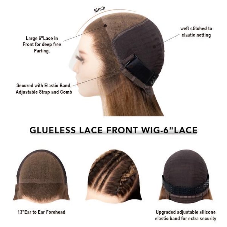 May include: A glueless lace front wig featuring a 6-inch lace area for deep parting, weft stitched to elastic netting, and secured with an adjustable strap, comb, and silicone elastic band. The wig measures 13 inches from ear to ear across the forehead.