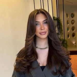 May include: A person with long, dark brown hair styled in voluminous layers with a center part and face-framing curtain bangs. The hair features subtle lighter brown highlights throughout. A gold-toned, textured chain necklace is worn around the neck.