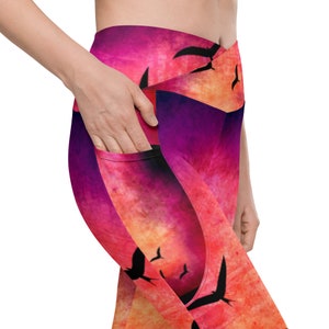 Crossover leggings with pockets - Pink Birds in Flight - Bird Leggings - Funny Leggings for Women - Pretty Bird Leggings Gift - Gift for Her