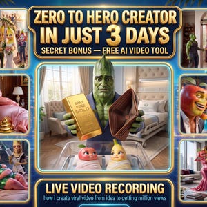 May include: A digital graphic featuring the text ZERO TO HERO CREATOR IN JUST 3 DAYS and LIVE VIDEO RECORDING. The image displays a central character with green skin holding a gold bar and an empty brown wallet, with two fruit-headed infants in a crib.