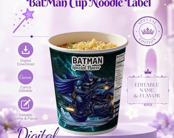 Batman Cup Nudeletikett Canva Redigerbar | Anpassad Batman-man Nudelwrap | Namn och smak Redigerbar | Födelsedagsfestgåva | Direktnedladdning
