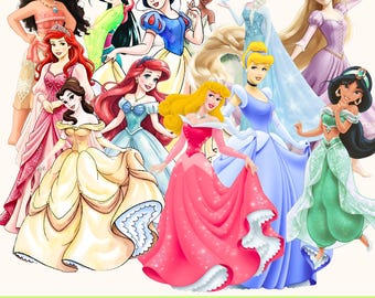 Prinsessa Akvarell Clipart Bundle PNG | Askungen, Rapunzel, Snövit, Tiana, Aurora och Isprinsessan | Födelsedagsfestdekorationer