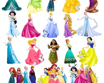 Princess PNG Cliparts Bundle, Princess Cartoon PNG Images, Birthday Theme Princesses Clipart Set, Transparent Background, Digital Download
