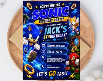 Sonics födelsedagsinbjudan, redigerbar Canvas-mall, Gamer Party-inbjudan, Videospelsfödelsedag, utskrivbar digital nedladdning