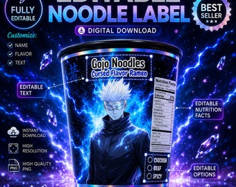 Anime-inspirerad mall för snabbnudelkopp – Redigerbar utskrivbar festfavoritsetikett – Digital nedladdning – Anpassat namn och smak