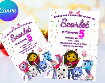 Redigerbar Gabbys dockhusfödelsedagsinbjudan, Gabby Kids-festinbjudningar, Gabbys utskrivbara mall, digital nedladdning av Gabby dockhusinbjudan