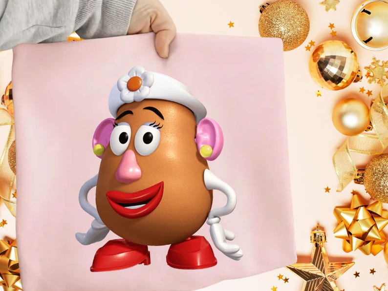 May include: A cartoon image of Mrs. Potato Head from Toy Story. She has a brown potato-shaped head, a pink nose, and red lips. She wears a white hat with a flower and pink earrings. Her arms and hands are white, and her shoes are red.