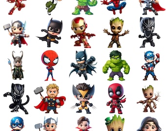 Chibi superhjälte clipart paket PNG, superhjältekaraktärer, superhjälte Chibi, baby Avengers clipart, Iron Man, Spider-Man, digital nedladdning