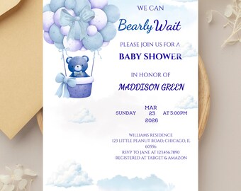 Inbjudan till babyshower med nallebjörn, ljusblå ballonger, 12x18 cm (PDF-mall)