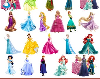 Prinsessor PNG Clipart-paket, prinsesstecknade PNG-bilder, födelsedagstema prinsessor Clipart-set, transparent bakgrund, digital nedladdning