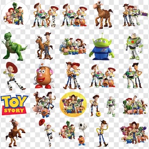 May include: A collection of Toy Story character stickers, including Woody, Buzz Lightyear, Jessie, and others. The stickers feature various poses and group shots of the animated characters. The background is transparent.