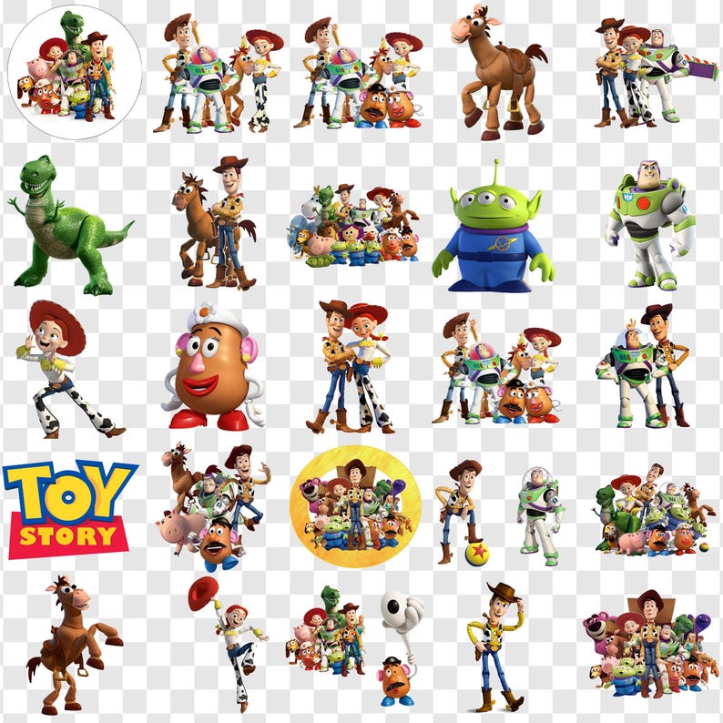 May include: A collection of Toy Story character stickers, including Woody, Buzz Lightyear, Jessie, and others. The stickers feature various poses and group shots of the animated characters. The background is transparent.