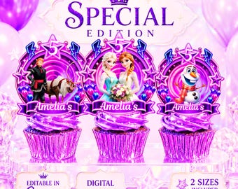 Frozen Cupcake Toppers PNG | Editable Nameand  Age | Elsa & Anna Birthday Party Decorations | Princess Cupcake | Instant Digital Download