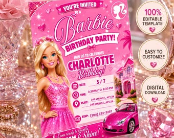 Mall för Barbie-födelsedagsinbjudan | Redigerbar Canva-inbjudan | Rosa födelsedagsfestinbjudan | Digital nedladdning | Födelsedagsinbjudan