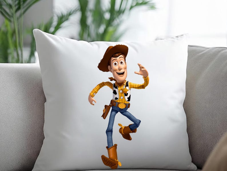 May include: White square pillow featuring a colorful image of the character Woody from the animated film Toy Story. Woody is depicted in his cowboy attire, including a brown hat, yellow shirt, blue jeans, and brown boots.