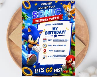 Mall för Sonic-festinbjudan, redigerbar födelsedagsinbjudan, spelfestinbjudan, Canva-mall, direktnedladdning