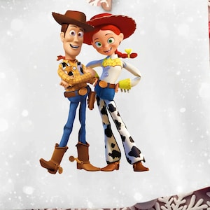 May include: A digital illustration of Woody and Jessie from Toy Story. Woody wears a brown cowboy hat, yellow shirt, blue jeans, and brown boots. Jessie wears a red hat, white shirt, blue jeans, and black and white cow-print pants.