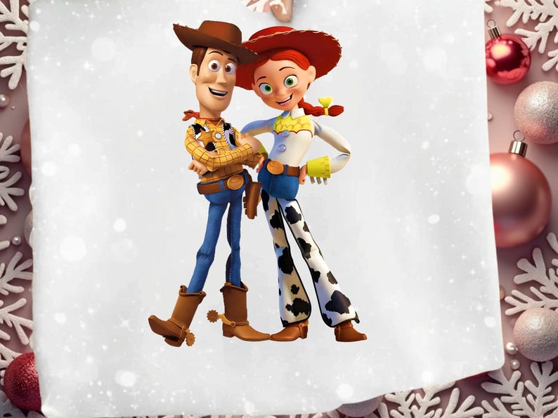May include: A digital illustration of Woody and Jessie from Toy Story. Woody wears a brown cowboy hat, yellow shirt, blue jeans, and brown boots. Jessie wears a red hat, white shirt, blue jeans, and black and white cow-print pants.
