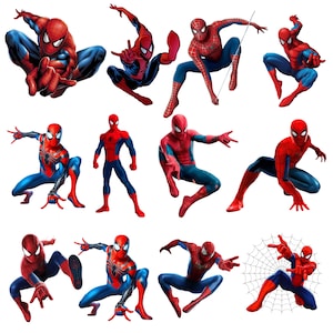 May include: A collection of twelve illustrations of Spider-Man in various action poses. The superhero is depicted in his classic red and blue suit, with dynamic poses including web-slinging and crawling. The images are set against a white background.