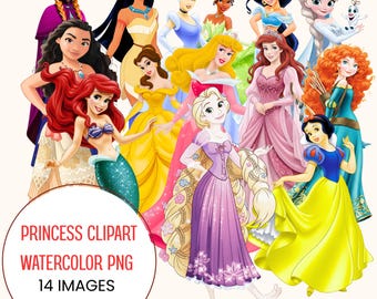 Prinsessa Akvarell Clipart Bundle PNG | Askungen, Rapunzel, Snövit, Tiana, Aurora och Isprinsessan | Födelsedagsfestdekorationer