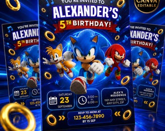 Redigerbar Canvasmall för födelsedagsinbjudan till Sonic, festinbjudan till Sonic the Hedgehog, födelsedagsinbjudan till Sonic 3 för pojkar och flickor, direktnedladdning