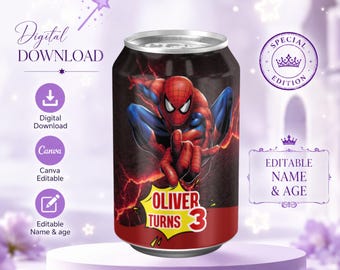 Etikett för Spider-Man-läskburk, redigerbar i Canva | Dryckesinslagning för superhjältefest | Mall för etikett för läskburk för födelsedag | Utskrivbar digital nedladdning