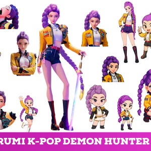 May include: A collection of digital illustrations featuring a character with purple hair and a yellow jacket. The character is depicted in various poses, some holding a sword. The text "RUMI K-POP DEMON HUNTER" is at the bottom.