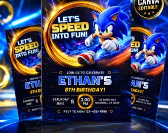 Redigerbar Canvas-inbjudan till Sonics födelsedag | Sonic the Hedgehog-festinbjudan | Sonic 8-födelsedagsinbjudan för pojkar och flickor | Direktnedladdning