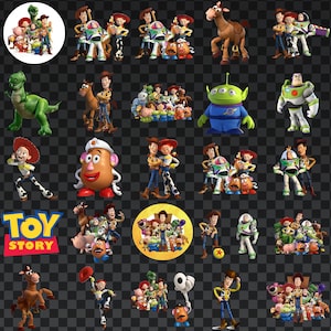 May include: A collection of Toy Story character figurines, including Woody, Buzz Lightyear, and others. The characters are in various poses and arrangements, with a red and yellow "Toy Story" logo.