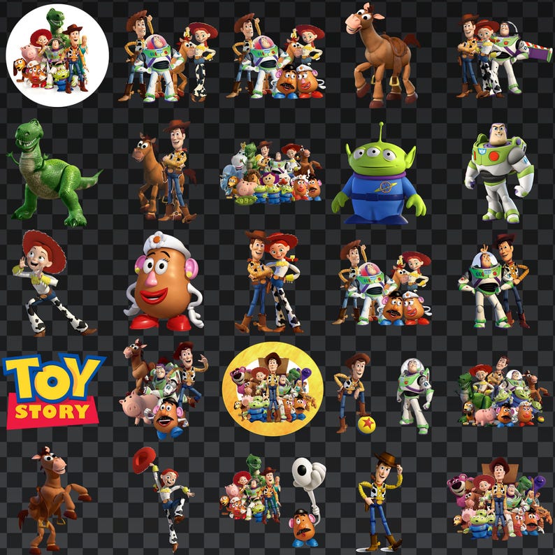 May include: A collection of Toy Story character figurines, including Woody, Buzz Lightyear, and others. The characters are in various poses and arrangements, with a red and yellow "Toy Story" logo.