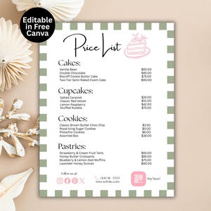 Puede incluir: Una lista de precios rosa y verde para productos de panadería, con categorías para pasteles, cupcakes, galletas y pasteles. La lista incluye precios para artículos como pastel de vainilla, cupcakes de caramelo salado y galletas surtidas. El texto "Editable in Free Canva" está arriba a la izquierda.