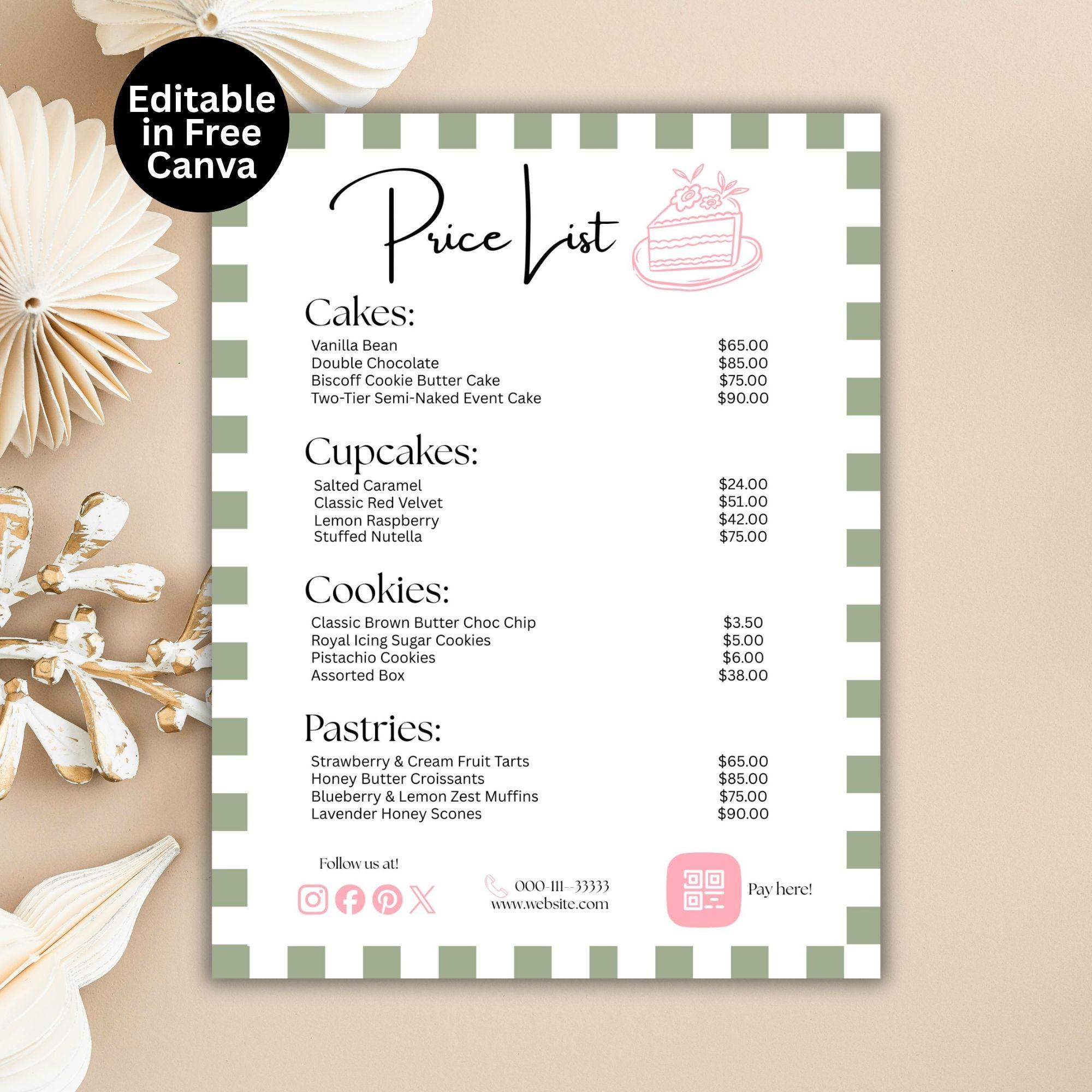 Editable Bakery Price List Template, Canva Menu, Sweets Pricing Sheet ...
