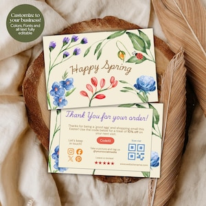 May include: Two cream-coloured cards with watercolour floral designs and the text "Happy Spring" and "Thank You for your order!". The cards feature blue, purple, and red flowers, with a ladybird and green leaves. The cards are customisable for business.