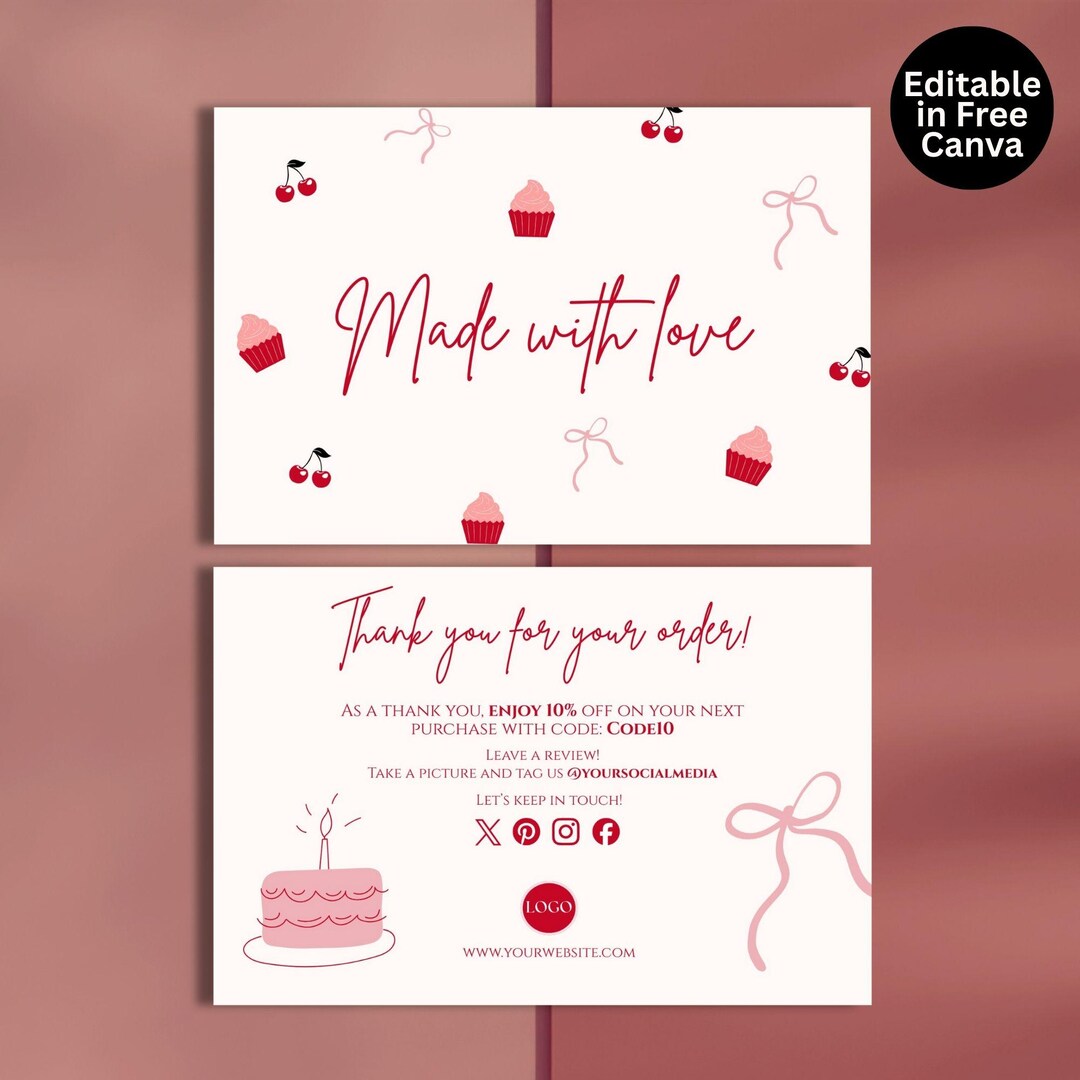Valentine's Day Thank You Card Template, Editable Bakery Business ...