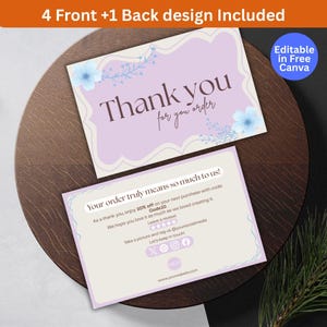 Op de afbeelding: Twee bloemrijke bedankkaarten. De voorkant heeft een lavendelkleurige achtergrond met de woorden "Thank you for your order". De achterkant biedt 10% korting met de code "Code10".