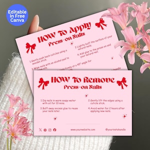 May include: Two light pink rectangular instruction cards with red text and bow graphics. The top card is titled HOW TO APPLY Press-on Nails with four numbered steps. The bottom card is titled HOW TO REMOVE Press-on Nails with four numbered steps.