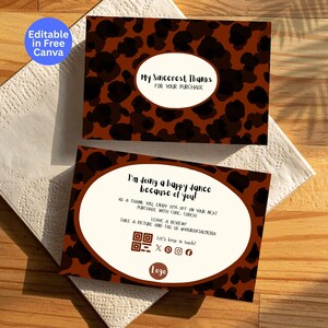 May include: Two thank you cards with a brown leopard print design. The cards have oval text boxes with the phrases "My Sincerest Thanks" and "I'm doing a happy dance because of you!" The cards are on a white napkin.