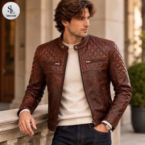 Men's Distressed Brown Leather Motorcycle Jacket | Quilted Cafe Racer Biker Coat