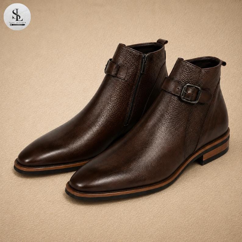 K&ouml;nnte beinhalten: Ein Paar dunkelbraune Stiefeletten mit strukturiertem Lederobermaterial, seitlichem Rei&szlig;verschluss und einem dekorativen Riemen mit Metallschnalle am Kn&ouml;chel. Die Stiefel haben eine glatte, abgerundete Zehenpartie und einen geschichteten Holzabsatz.