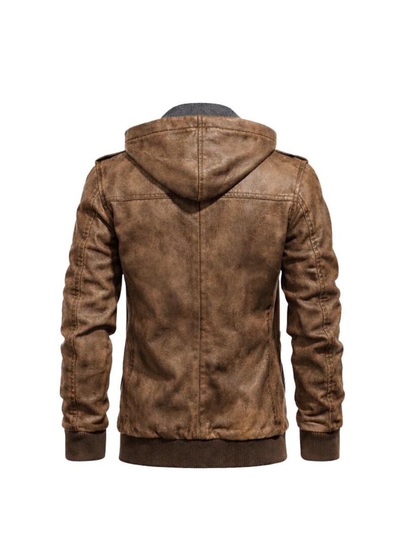 May include: Brown leather jacket with a hood. The jacket has a distressed look, with a ribbed hem and cuffs. The hood is lined with grey fabric. The jacket has a zip closure and pockets.