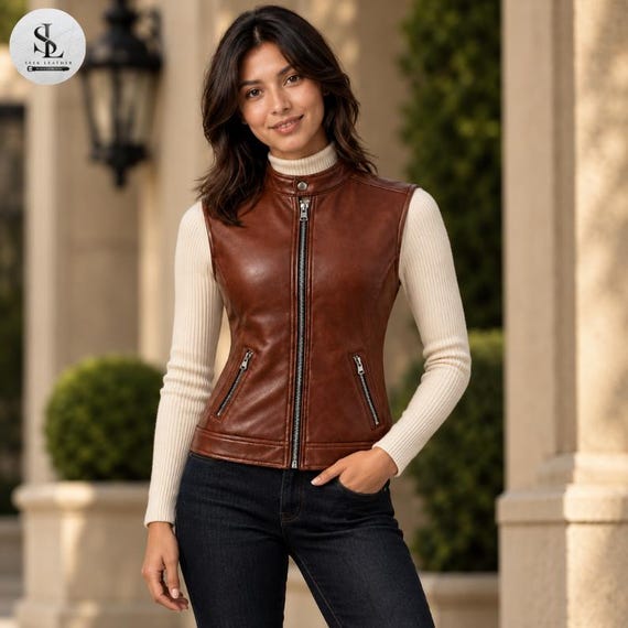 Women's Cognac Leather Riding Vest, Sleek Zip Front Waistcoat, Refined Heritage Fashion Layer