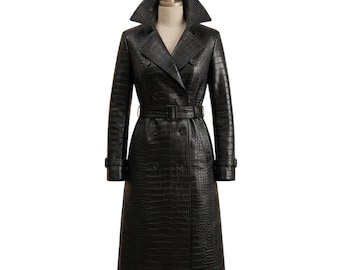Trenchcoat aus Leder mit Kroko-Prägung für Damen - Geformter High-Fashion-Kragen, luxuriöser Designer-Designermantel mit langem Gürtel