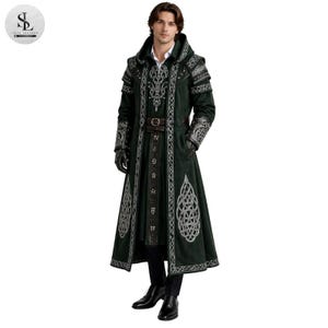 Emerald Shadow Cloak – Gothic Embroidered Hooded Leather Trench Coat | Medieval Fantasy Statement Jacket