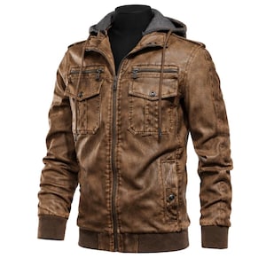 May include: Brown faux leather jacket with a grey hooded lining. The jacket features multiple pockets, a zip closure, and ribbed cuffs and hem. The jacket is displayed on a black mannequin.