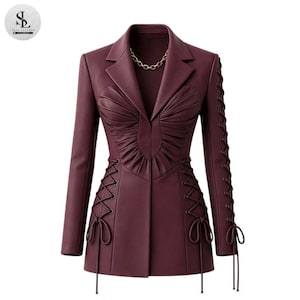 Velvet Sin Blazer – Sculpted Burgundy Leather Corset Jacket | Lace-Up Statement Power Coat