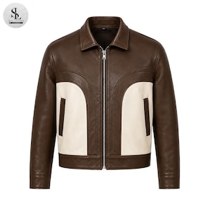 Men's Brown Ivory Leather Color Block Jacket – Retro Zip-Up Statement Outerwear
