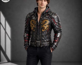 Dragonforge Shadow Armor Jacket – Embroidered Battle Hood Leather Masterpiece