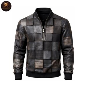 Chaqueta de cuero con mosaico de obsidiana – Bomber texturizada de lujo con rejilla de patchwork