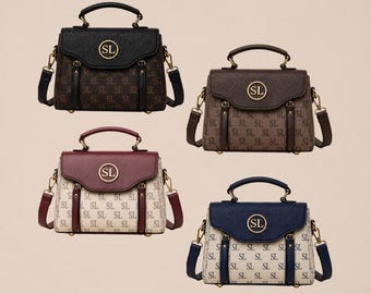 Monogram Leather Handbag – Structured Top Handle Crossbody, Designer Style SL Print Purse
