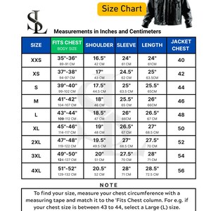 May include: A men's jacket size chart, showing measurements in inches and centimetres. Sizes range from XXS to 4XL, with chest, shoulder, sleeve, and jacket chest dimensions. A note explains how to measure and select the correct size for the jacket.